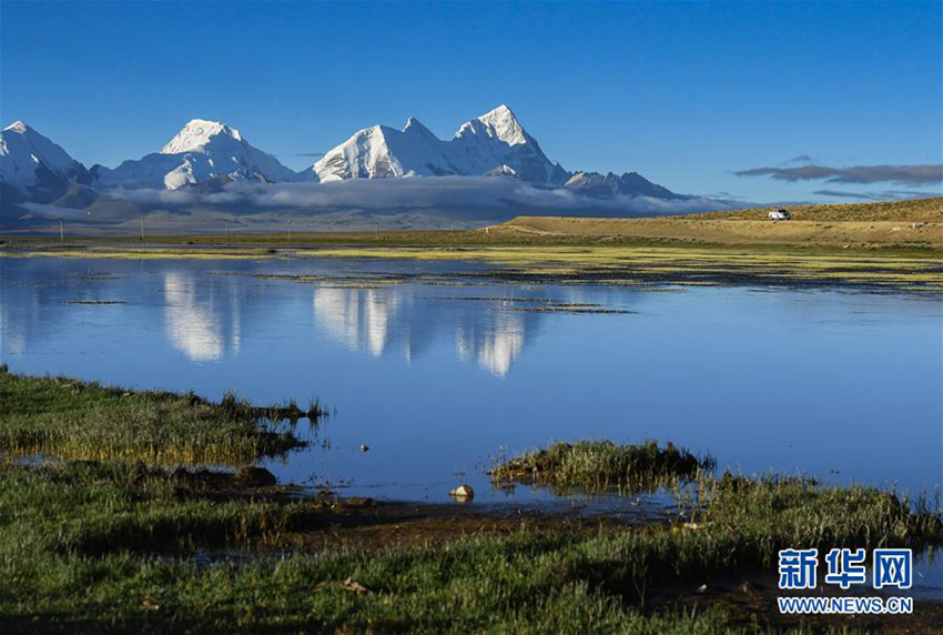 在西藏日喀则,雪山映衬下的多庆错国家湿地公园风景如画(7月27日摄).