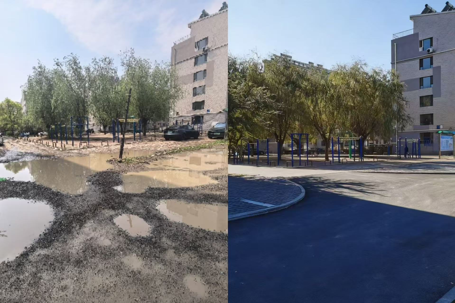 吉林省长春市九台区佳隆花园小区内部道路与北侧道路交汇路口施工前后对比。吉林省委办公厅网络舆情处提供