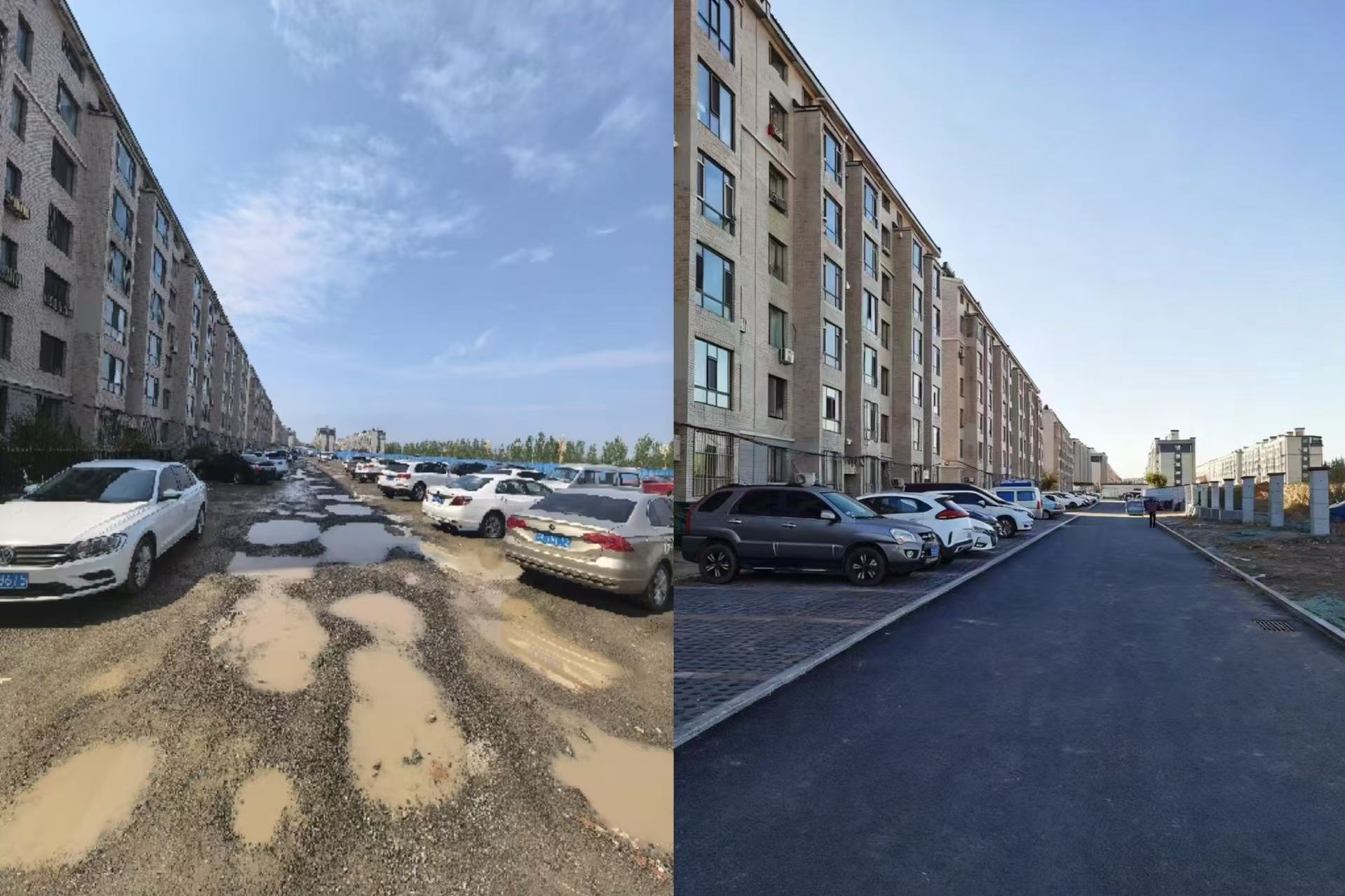 吉林省长春市九台区佳隆花园小区北侧道路施工前后对比。吉林省委办公厅网络舆情处提供